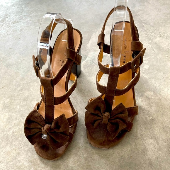 Nanette Lepore Strappy Suede Heels Buckles Bows - Picture 1 of 7